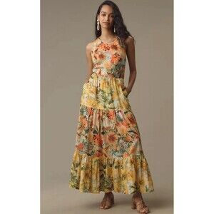 Anthropologie Pilcro Maxi Dress Yellow Floral Halter Tier Vacay Tropical XXS NWT